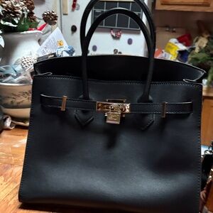 Black Leather Tote Handbag with Gold Hardware